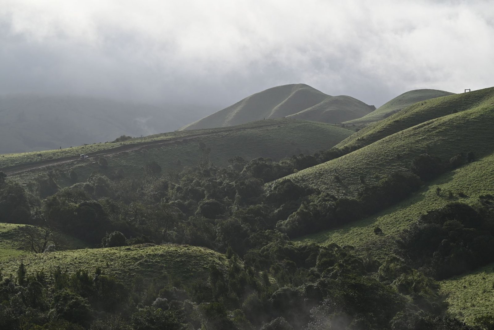 Mist and sunlight over green Madikeri hills in Coorg